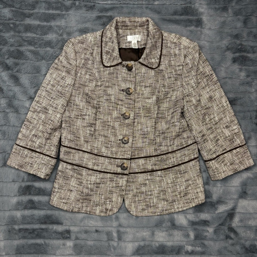 Ann Taylor LOFT Brown White Tweed Blazer Jacket Button Front Piping Size 14